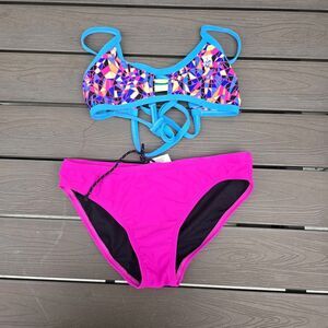 TYR Women's Durafast Pink Mosaic Pacific Tieback Workout Bikini Sz S NEW Sample